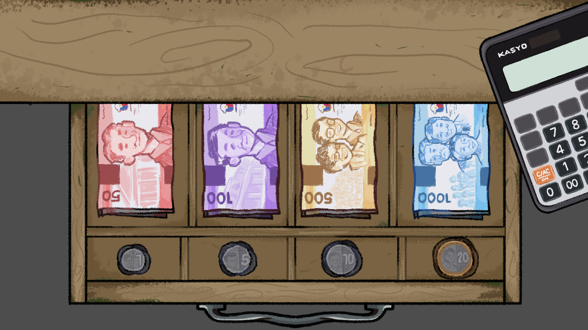 The cash register and money drawer behind the counter