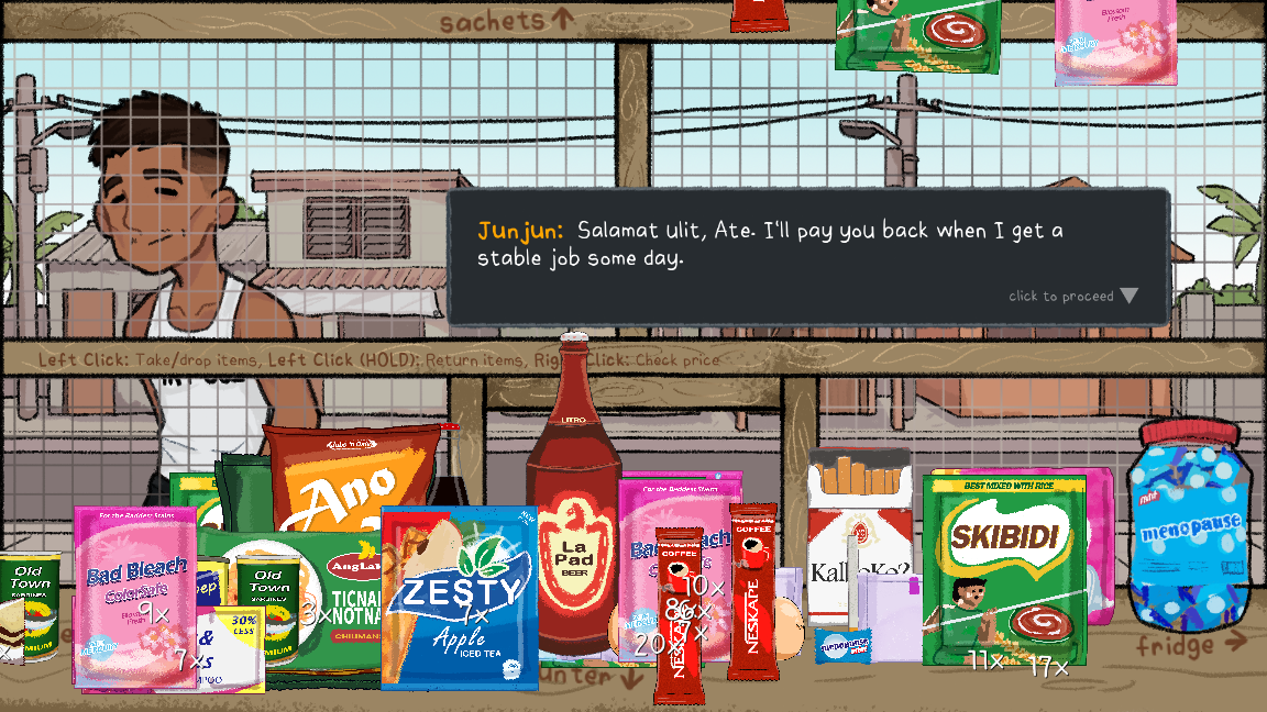 Junjun talking at the storefront, with the mouse control hints visible at the bottom of the screen