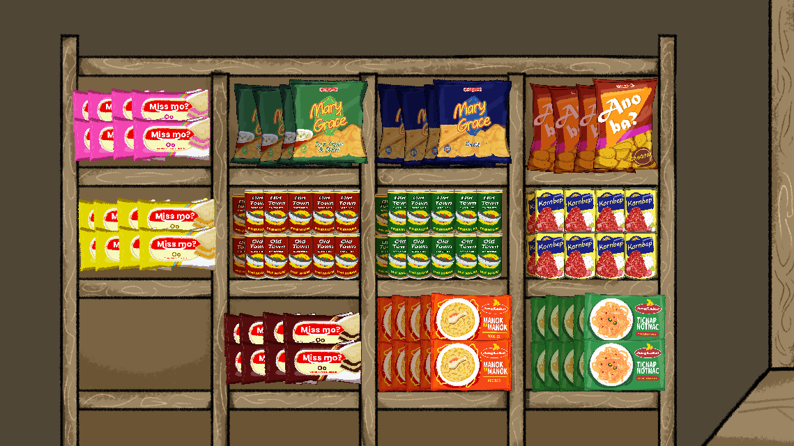 Shelves of packaged goods inside the sari-sari store